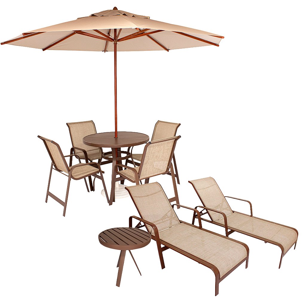 Kit Lótus Premium Completo 01 Mesa Ripada De 1.00m + 04 Cadeiras+ 01 Ombrelone + 02 Espreguiçadeiras+ Mesinha Lateral