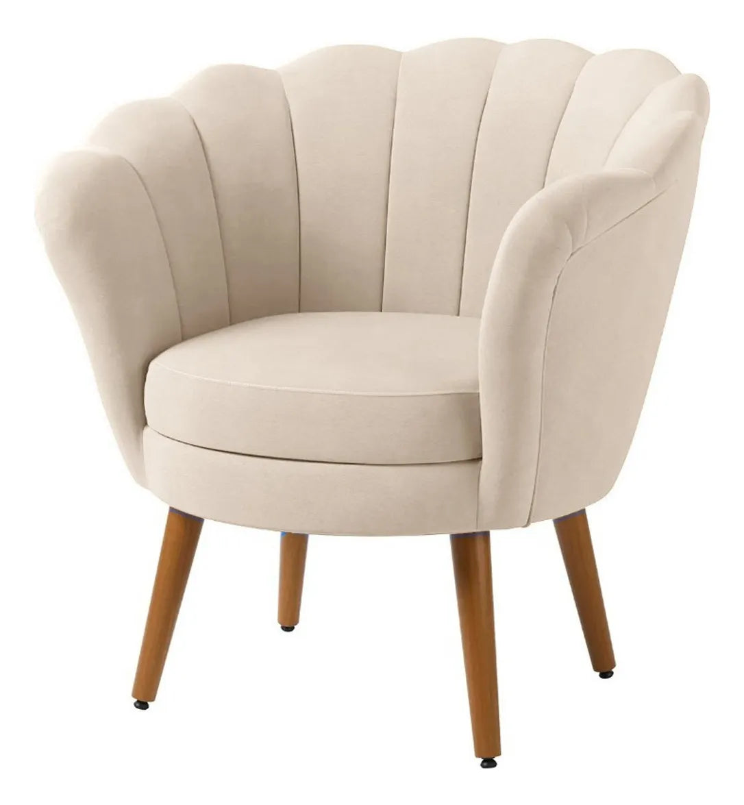 Poltrona Decorativa Pétala Flor Pés Palito Veludo Bege