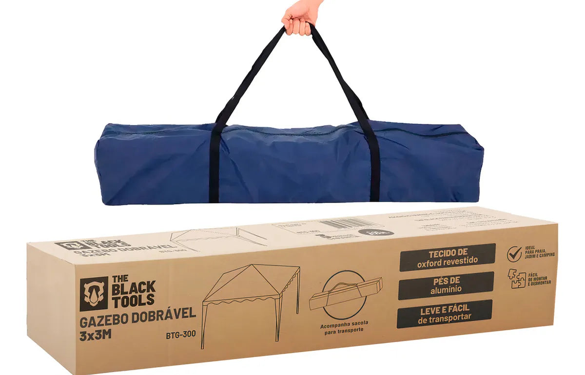 Tenda Gazebo Sanfonado Articulada Dobrável 3 por 3 metros com Mala Transporte The Black Tools cor azul