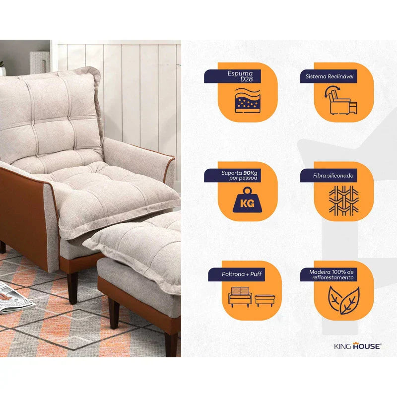 Poltrona Reclinável com Puff Catena - King House Bege